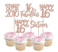 24 Pack Happy 16th Birthday Cupcake Toppers Glitter Sixteen Fabulous Straight Outta 2010 Cupcake Picks Cheers to 16 Years Cake Decorations for 16th Birthday Anniversary Party Supplies Rose Gold