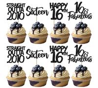 24 Pack Happy 16th Birthday Cupcake Toppers Glitter Sixteen Fabulous Straight Outta 2010 Cupcake Picks Cheers to 16 Years Cake Decorations for 16th Birthday Anniversary Party Supplies Black