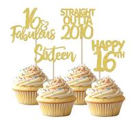 24 Pack Happy 16th Birthday Cupcake Toppers Glitter Sixteen Fabulous Straight Outta 2010 Cupcake Picks Cheers to 16 Years Cake Decorations for 16th Birthday Anniversary Party Supplies Gold