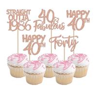 24 Pack Happy 40th Birthday Cupcake Toppers Glitter Forty Fabulous Straight Outta 1986 Cupcake Picks Cheers to 40 Years Cake Decorations for 40th Birthday Anniversary Party Supplies Rose Gold