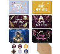 24 Pack Happy New Year Cards 2026 with Envelopes and Stickers, Assorted New Year Greeting Cards Set for Families Friends Colleagues, Multicolour Holiday Cards for NYE Party and Decorations 2026