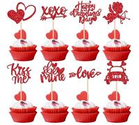 24 Pack Happy Valentine's Day Birthday Cake Decoration Kiss Me Cupid Be Mine Decoration Valentine's Day Cupcake Topper for Wedding Valentine's Day Shower Birthday Party Cake Decoration Red