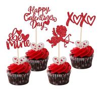 24 Pack Happy Valentine's Day Birthday Cake Decoration Kiss Me Cupid Be Mine Decoration Valentine's Day Cupcake Topper for Wedding Valentine's Day Shower Birthday Cake Decoration Red