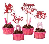 24 Pack Happy Valentine's Day Birthday Cake Decoration Love Be Mine Cupid Decoration Valentine's Day Cupcake Topper for Wedding Valentine's Day Shower Birthday Party Cake Decoration Red