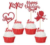 24 Pack Happy Valentine's Day Birthday Cake Decoration XOXO Cupid Sweet Love Decoration Valentine's Day Cupcake Topper for Wedding Valentine's Day Shower Birthday Party Cake Decoration Red