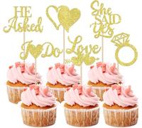 24 Pack He Asked She Said Yes Cupcake Toppers Glitter Love Heart I do Ring Cupcake Food Picks for Wedding Engagement Bridal Shower Party Cake Decorations Supplies Gold