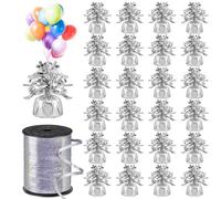 24 Pack Helium Balloon Weights Bulk, Metallic Foil Balloon Anchors with 1 Roll of Iridescent Ribbon, Silver Cone Balloons Weights with Tassel for Wedding, Party, Table, Centerpiece Decorations