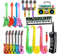 24 Pack Inflatable Rock Star Toy Set 7 Inflatable Microphones 6 Guitars 3 Saxophone 4 Bass 1 Boom Box 1 Piano 1 Mobile Phone 1 Air Pump for Carnival Party Favors Rock and Roll Party Supplies