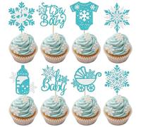 24 Pack It's a Baby Snowflake Cupcake Toppers Glitter Oh Baby Feet Stroller Cupcake Picks Decoration for Baby Shower Winter Forzen Kids Birthday Party Cake Decorations Supplies Blue