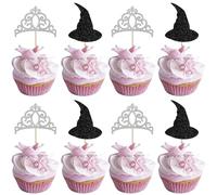 24 Pack Magic Witch Theme Cupcake Toppers Black Glitter Witch Hat Cupcake Picks Silver Crown Cake Decorations for Witch Wizard Theme Baby Shower Birthday Party Cake Decorations