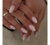24-Pack Medium Almond Press On Nails with Pink Glitter French Tips & Pastel Floral Designs, Elegant False Nails for Women, Glossy Reusable Manicure Set for Daily Wear and Special Occasions