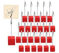 24 Pack Memo Clip Place Card Holders, Bendable Wire Crocodile Wooden Cube Stands, Mini Table Number Photo Display Stands for Wedding Banquet Buffet Corporate Event Office Desk Cafe Menu Label (Red)