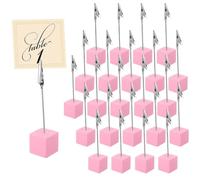 24 Pack Memo Clip Place Card Holders, Bendable Wire Crocodile Wooden Cube Stands, Mini Table Number Photo Display Stands for Wedding Banquet Buffet Corporate Event Office Desk Cafe Menu Label (Pink)