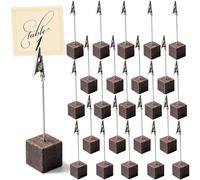 24 Pack Memo Clip Place Card Holders, Bendable Wire Crocodile Wooden Cube Stands, Mini Table Number Photo Display Stands for Wedding Banquet Buffet Corporate Event Office Desk Cafe Menu Label (Brown)