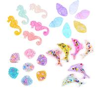 24 Pack Multi Glitter Ocean Animals Seashells Conch Dolphin Seahorse Charms Slices Resin Beads Flatback Buttons for Craft Making Miniature Fairy Garden Accessories Scrapbooking Phone Case DIY