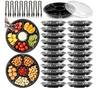 24 Pack Plastic Appetizer Trays with Lids, Divided Serving Platters with 8Pcs 16 cm Black Serving Tongs Round Divided Compartments Party Platter for Party Snack Fruit Dessert