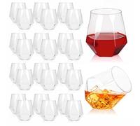 24 Pack Plastic Stemless Wine Glasses, 12 OZ /355 ml Unbreakable Diamond Wine Cup, Clear Disposable Cocktail Glassware, BPA Free Shatterproof Drinkware for Whiskey, Champagne, Wedding, Party, Bars