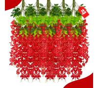 24 Pack Red Wisteria Hanging Flowers, 3.4 Ft Fake Hanging Flowers, Artificial Wisteria Garland Vines for Wedding Room Backdrop Outdoor Patio Garden Decoration