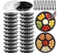 24 Pack Round Plastic Serving Trays with Lids, 26 cm Snack Compartment Platters Bulk, Buffet Server Platters with Tongs for Appetizer Fruits Vegetables Salad - Black