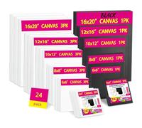 24-Pack Stretched Canvas for Painting, 6 Sizes 10x10cm to 40x50cm Canvas, 12 oz Double Primed 100% Cotton Black Canvas, Reinforced Wood Frame, Perfect for Oil, Acrylic & Mixed Media Artists