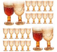 24 Pack Vintage Wine Glasses, Plastic Reusable 12 Ounce Colored Water Goblets, Unique Flower Embossed Pattern Unbreakable Stemmed Wine Glasses High Clear Wedding Party Bar Drinking Cups Amber