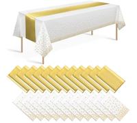 24 Pack White and Gold Tablecloth and Table Runner Set Party Decorations, White and Yellow Gold Plastic Disposable Tablecloth and Satin Table Runner for Wedding Birthday Graduation Anniversary Party