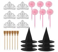 24 Pack Witch and Princess Party Favors Including 6 Pcs Witch Broom Pencils, 6 Pcs Pink Fluffy Pens, 6 x Princess Crowns and 6x Witch Hats for Halloween Party Decoration Supplies