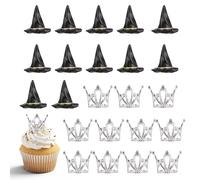 24 Pack Witch Hat and Crown Cake Topper Bad Witch Birthday Party Decorations Mini Wizard Hats Silver Crown Cupcake Toppers Decor Princess Cake Accessories for Birthday Wedding Party Supplies Crafts