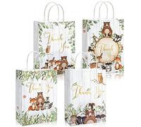 24 Pack Woodland Thank You Gift Paper Bags with Handles Bulk 4 Design Woodland Baby Shower Party Favor Bags for Birthday Wedding Baby Shower Party Supplies Decoration, 5.9 x 8.3 x 3.1 Inch