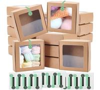 24 Packs Brown Kraft Paper Boxes with Transparent Windows for Jewellery Storage Display (9.5 x 9.5 x 3.5 cm, White)