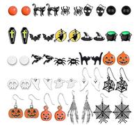 24 Pairs Halloween Earrings Halloween Bat Cat Witch Skull Spider Stud Earrings Spider Web Pumpkin Skeleton Dangle Earrings Halloween Earrings for Women