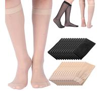 24 Pairs Sheer Knee High Stockings for Women Reinforced Toe Knee Highs Pantyhose Socks Opaque Nude Tights Elastic Soft Women's Sheers for Women Girls, Black and Nude