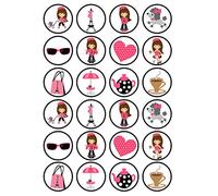 24 Paris Theme Edible Cupcake Toppers - Disc Wafer Cake Decorations
