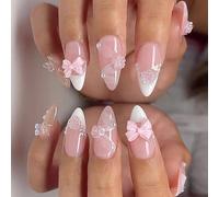 24 PC Bow Pressed on Nail White French Tip Faux Almond Shape Full Cover Flower