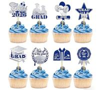 24 PCS 2026 Graduation Cupcake Toppers Glitter Blue Classof 2026 Grad Cap Cake Picks Congiats Grad Dream BIG Come To The Grad Cake Decorations for 2026 Graduation Theme Party Supplies (24, Blue)