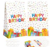 24 Pcs 24x13x8cm Happy Birthday Gift Bags Kraft Paper Bags with 24 Confetti Stickers for Boys Girls Birthday Party Supply