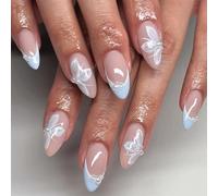 24 PCS 3D Blue Flower Press-On Nails with Jelly Gel - Almond False Nails Kit, Blue White French Lace False Nails With 3D Pearl Designs