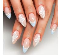 24 PCS 3D Blue Flower Press On Nails with Soft Pastel Color Harmony - Almond False Nails Kit with White Floral Designs, Elegant Touch for Summer (Pearl Floral Nails)