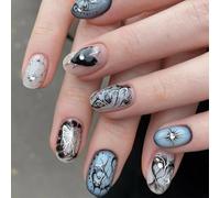 24 Pcs 3D Rhinestones Press On Nails Butterfly False Nails Silver Black Lines Acrylic Nails Full Covers Stick On Nails