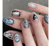 24 Pcs 3D Rhinestones Press On Nails Butterfly False Nails Silver Black Lines Acrylic Nails Full Covers Stick On Nails