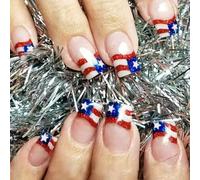 24 Pcs 4th Of July False Nails Short Press On Nails Independence Day Stick On Nails French Tip Acrylic Nails For Woman