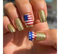 24 Pcs 4th Of July False Nails Stripe Press On Nails Independence Day Stick On French Tip Acrylic For Woman