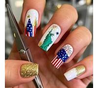 24 Pcs 4th Of July Full Covers Stick On Nails Long Square False Nails Independence Day Press On Nails Artificial Nails