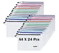 24 Pcs A4 Plastic Wallets Mesh Zipper Pouch with Label Pocket, TRANBO Zip-Lock Folder File Bags for School Home Office Storage, Travel Document Luggage Organizer - 34 x 24 cm