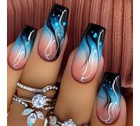 24 Pcs Acrylic Nails Long Ballerinas Full Covers False Glossy Stick On Blue Gradients Flame Press On