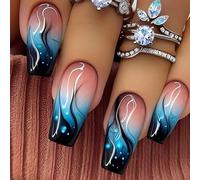 24 Pcs Acrylic Nails Long Ballerinas Full Covers False Nails Glossy Stick On Nails Blue Gradients Flame Press On Nails