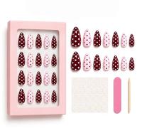 24 Pcs Almond Press on Nails, Pink & Red Polka Dot False Nails, Short Oval Stiletto Stick On Fake Nail, Easy to Apply Reusable Full Cover Glossy Nail Kit with Soft Gel for Women Daily Wear Party Date