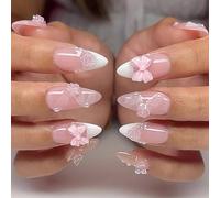 24 Pcs Almond Shape Artificial Nails Flowers Stick On Bows False White French Tip Press On