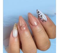 24 Pcs Almond Shape Glossy Press-On Nails in Nude Beige with Mixed Art Designs: Golden Glitter Ombre, Thin Gold Line & Black Leopard Print - Elegant Manicure Set for Festive Occasions