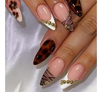 24 PCS Almond Shape Press On Nails With Nude Base, Tortoiseshell Brown Animal Print & Gold Bead Accents For Women - Modern Chic Artistic French Tips With Floral Patterns And Striped Details